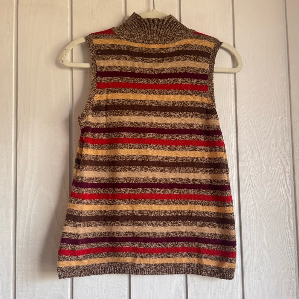 Vintage Villager Striped Sleeveless Mock Neck Sweater Top